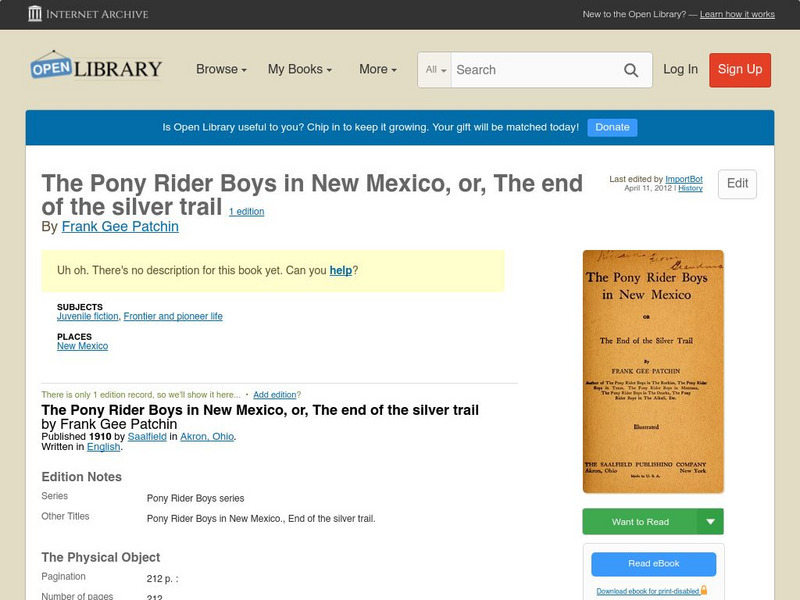 Open Library: The Pony Rider Boys in New Mexico eBook