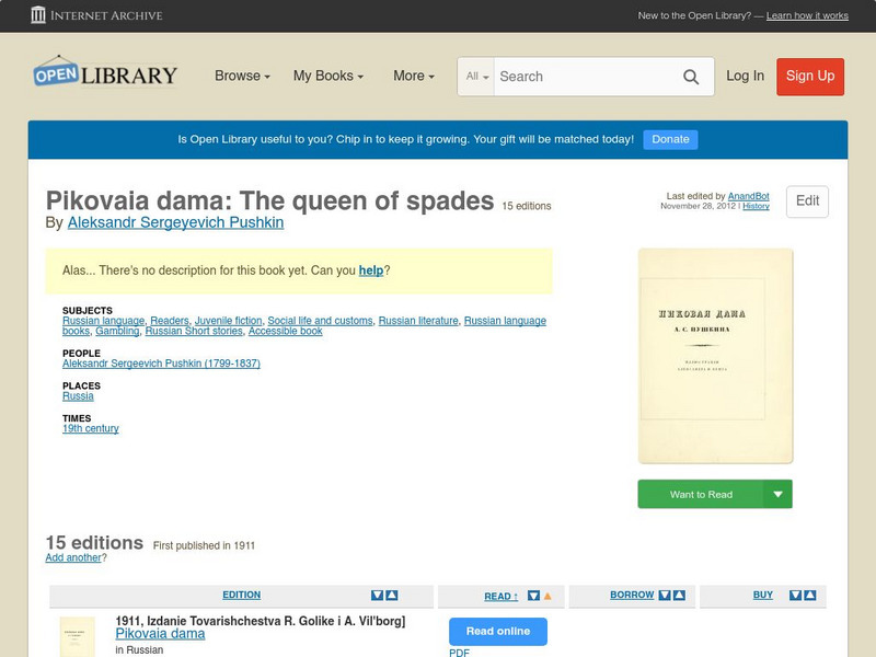 Open Library: Pikovaia Dama: The Queen of Spades eBook