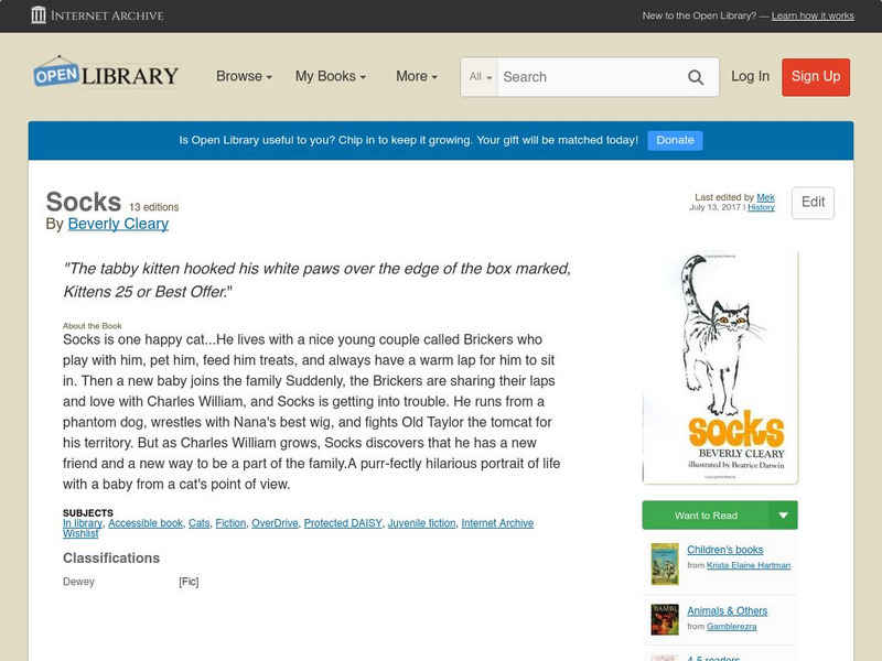 Open Library: Socks by Beverly Cleary Primary Open Library: Socks by Beverly Cleary Primary