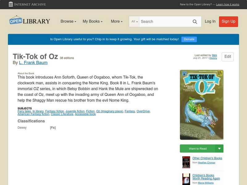 Open Library: Tik Tok of Oz eBook Open Library: Tik Tok of Oz eBook