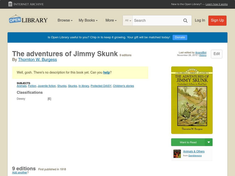 Open Library: The Adventures of Jimmy Skunk eBook