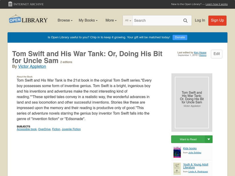 Open Library: Tom Swift and His War Tank: Or, Doing His Bit for Uncle Sam eBook