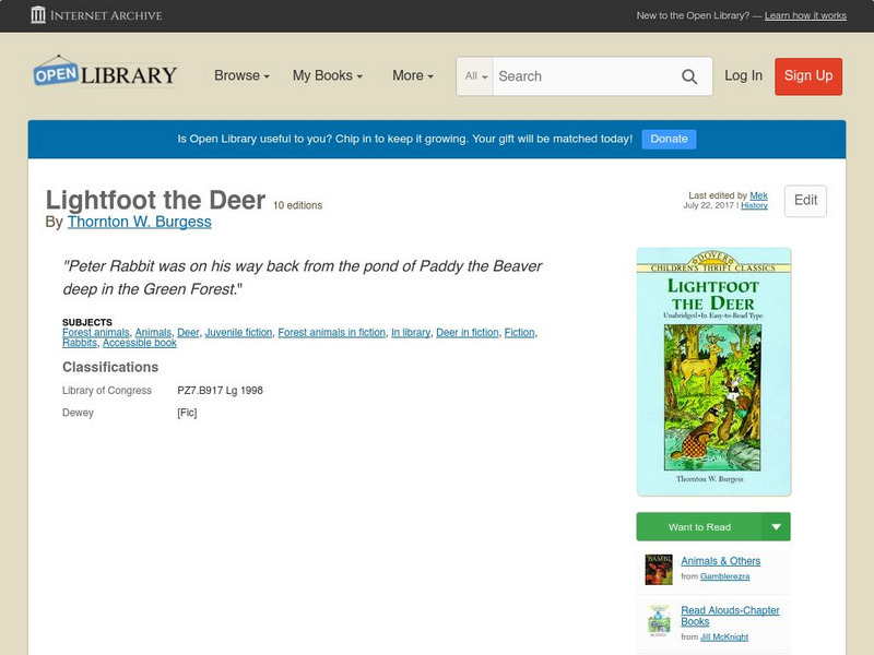 Open Library: Lightfoot the Deer by Thornton W. Burgess Primary