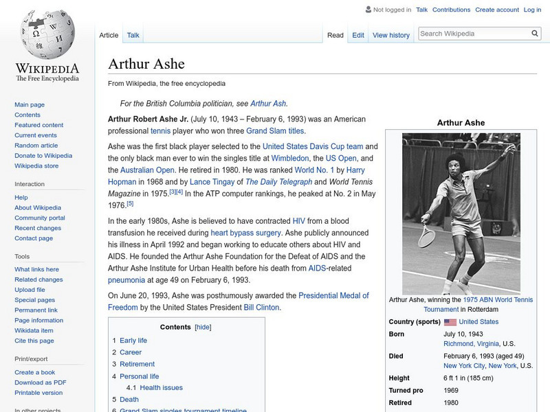 Wikipedia: Arthur Ashe Handout Wikipedia: Arthur Ashe Handout