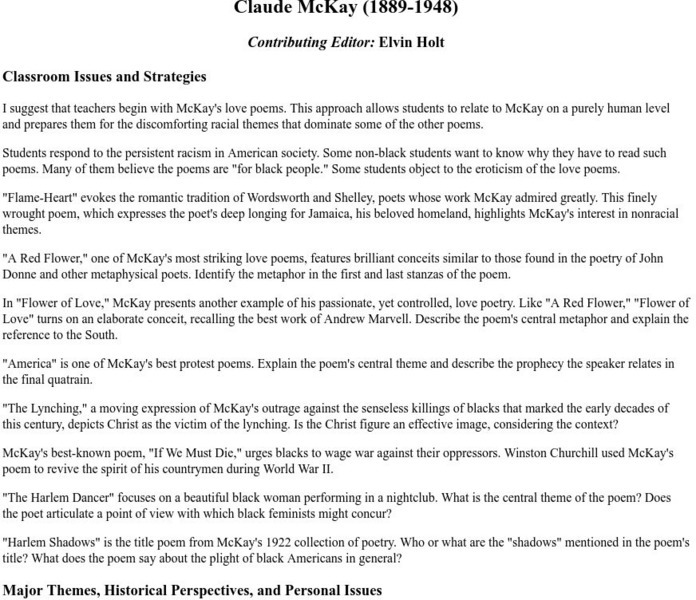 Heath Anthology Instructor's Guide: Claude Mc Kay (1889 1948) Unit Plan