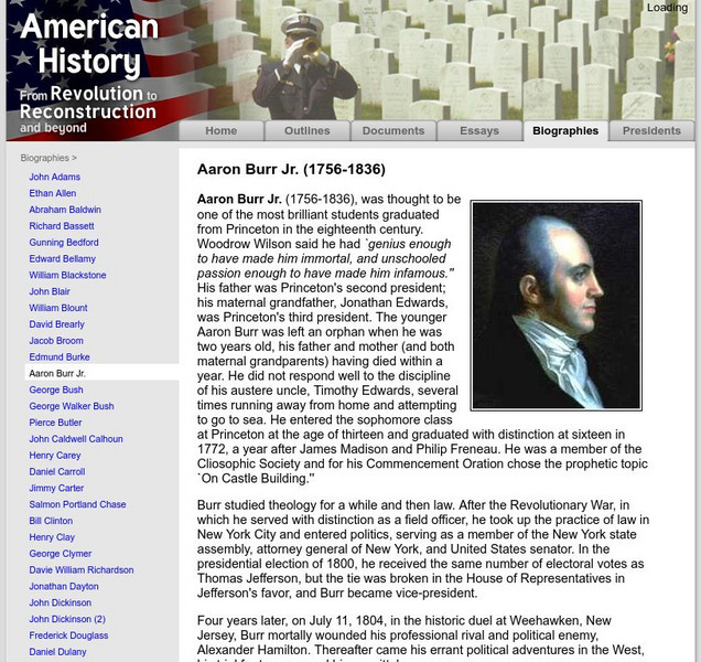 American History: Biographies: Aaron Burr Jr. (1756 1836) Website American History: Biographies: Aaron Burr Jr. (1756 1836) Website