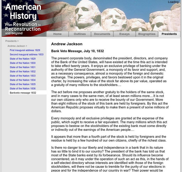 American History: Presidents: Bank Veto Message, July 10, 1832 Primary American History: Presidents: Bank Veto Message, July 10, 1832 Primary