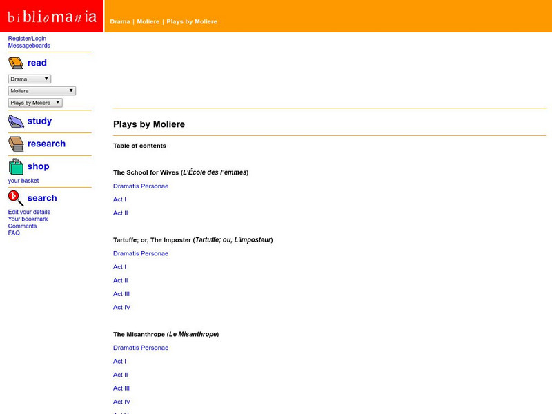 Bibliomania: Plays by Moliere "The Misanthrope" Handout Bibliomania: Plays by Moliere "The Misanthrope" Handout