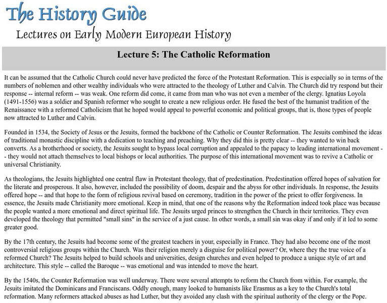 The History Guide: The Catholic Reformation Handout The History Guide: The Catholic Reformation Handout