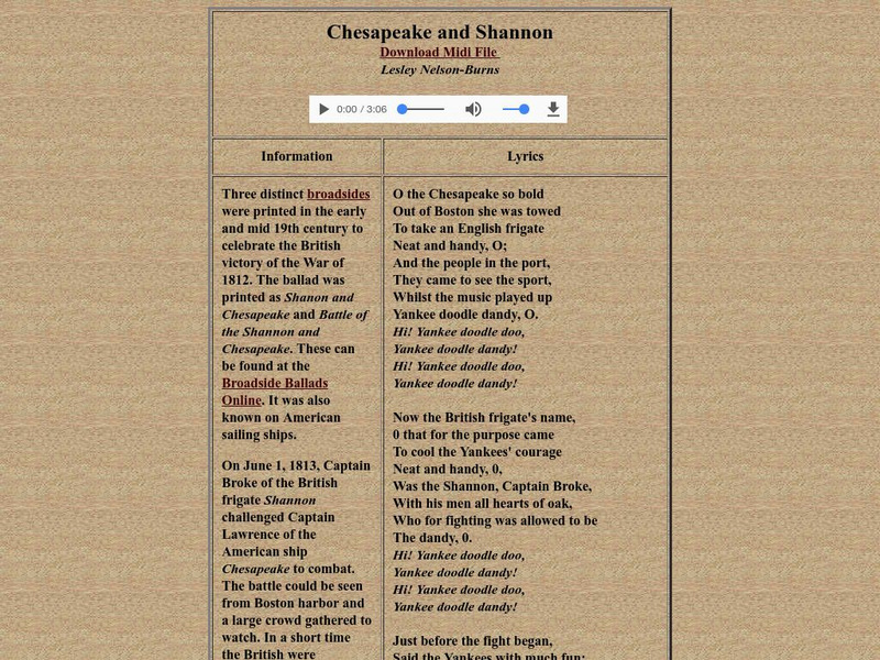 Songs of the Sea: Chesapeake and Shannon:19th Century Folk Song Audio Songs of the Sea: Chesapeake and Shannon:19th Century Folk Song Audio