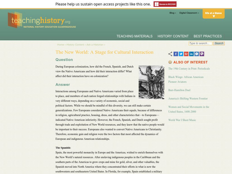 Teaching History: The New World: A Stage for Cultural Interaction Activity Teaching History: The New World: A Stage for Cultural Interaction Activity