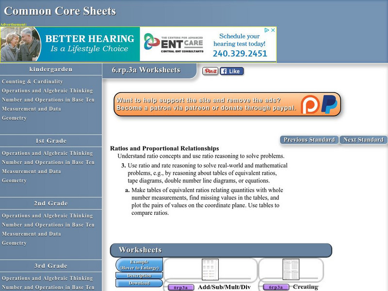 Common Core Sheets: Ratios and Proportional Relationships 6.rp.3a Worksheets Unknown Type Common Core Sheets: Ratios and Proportional Relationships 6.rp.3a Worksheets Unknown Type