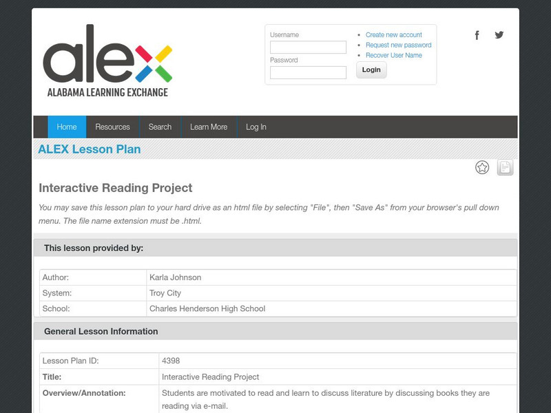 Alex: Interactive Reading Project Lesson Plan