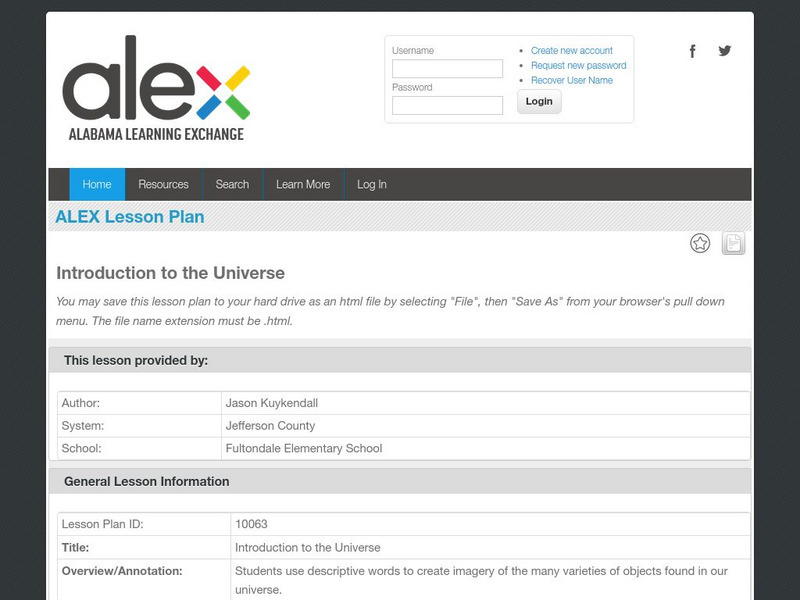 Alex: Introduction to the Universe Lesson Plan Alex: Introduction to the Universe Lesson Plan