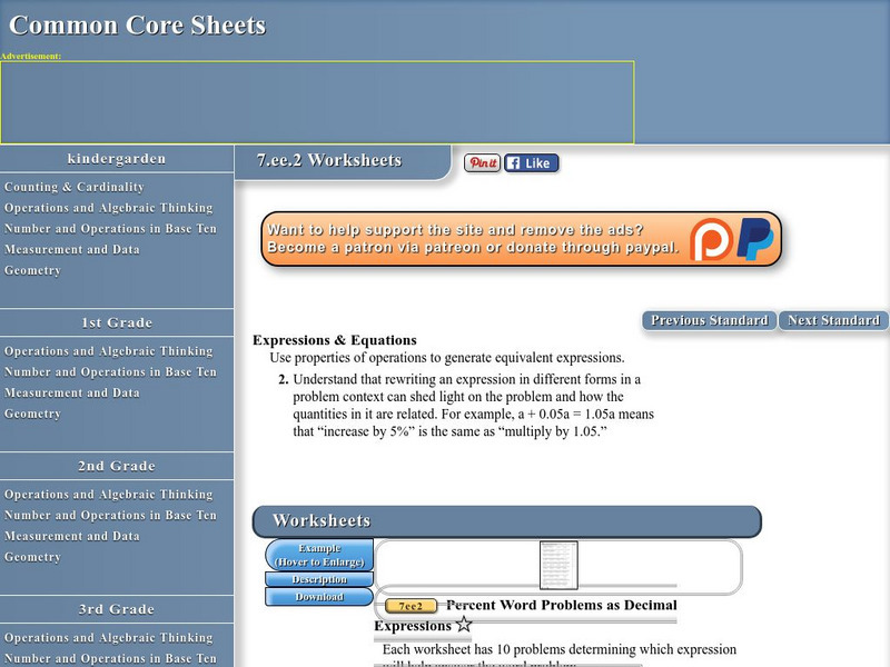 Common Core Sheets: Expressions & Equations 7.ee.2 Worksheets Unknown Type Common Core Sheets: Expressions & Equations 7.ee.2 Worksheets Unknown Type