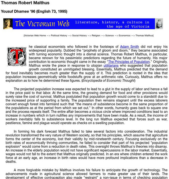 The Victorian Web: Thomas Malthus Handout The Victorian Web: Thomas Malthus Handout