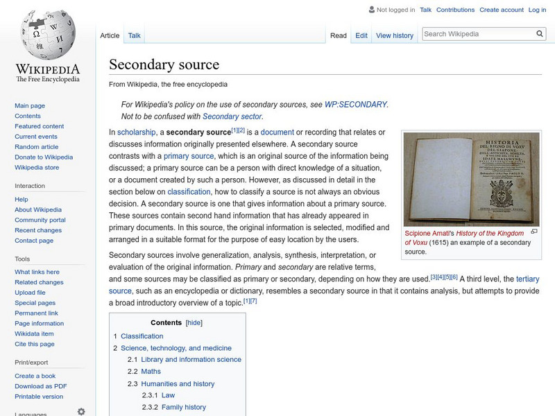 Wikipedia: Secondary Source Handout Wikipedia: Secondary Source Handout