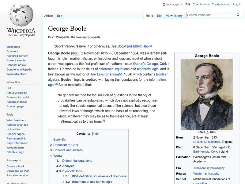 Wikipedia: George Boole Handout Wikipedia: George Boole Handout