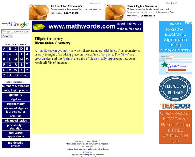 Math words.com: Elliptic Geometry Handout Math words.com: Elliptic Geometry Handout
