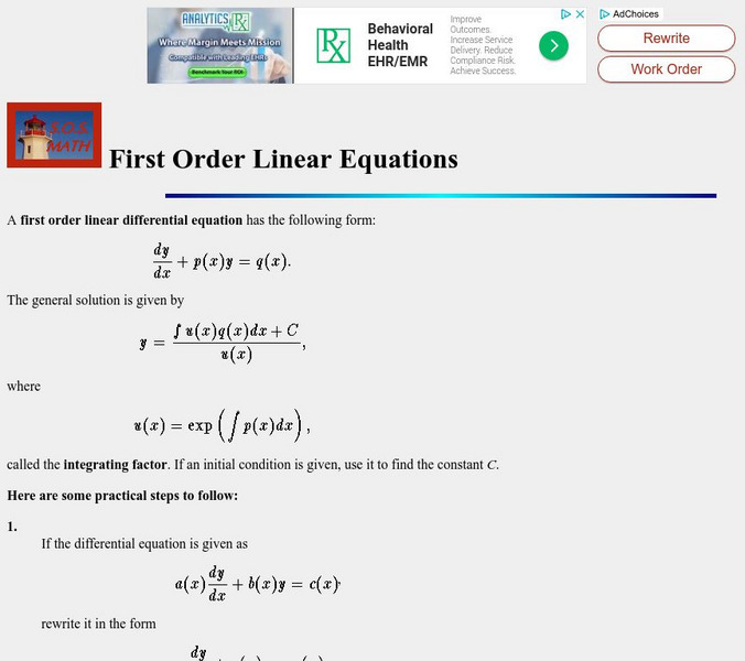 S.o.s. Math: First Order Linear Equations Activity S.o.s. Math: First Order Linear Equations Activity