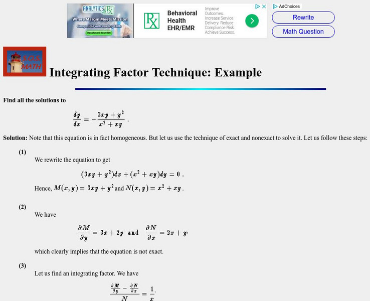 S.o.s. Math: Integrating Factor Technique: Example Activity S.o.s. Math: Integrating Factor Technique: Example Activity