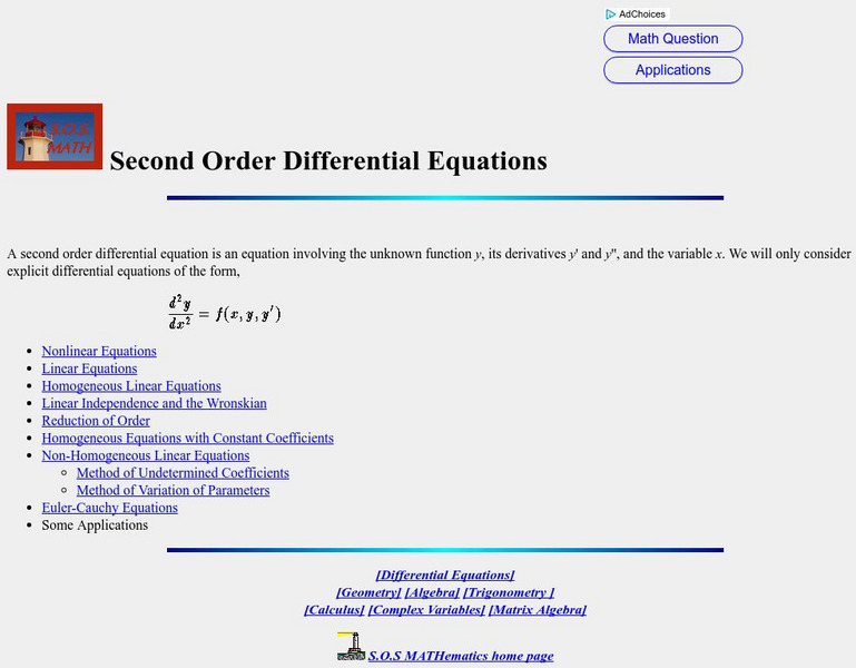 S.o.s. Math: Second Order Differential Equations Activity