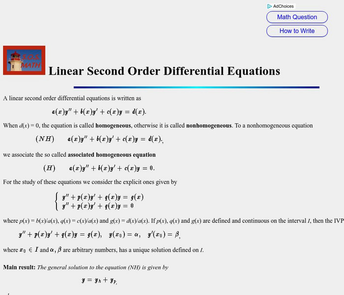 S.o.s. Math: Linear Second Order Differential Equations Activity