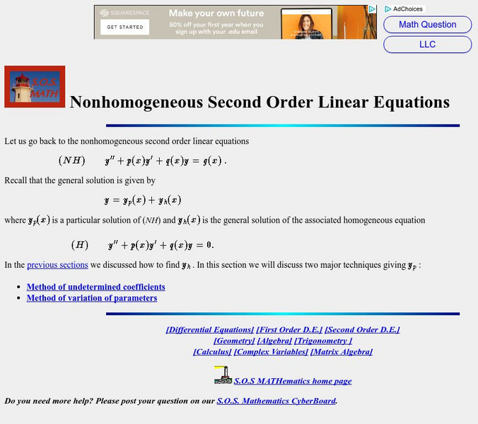 S.o.s. Math: Nonhomogeneous Second Order Linear Equations Activity