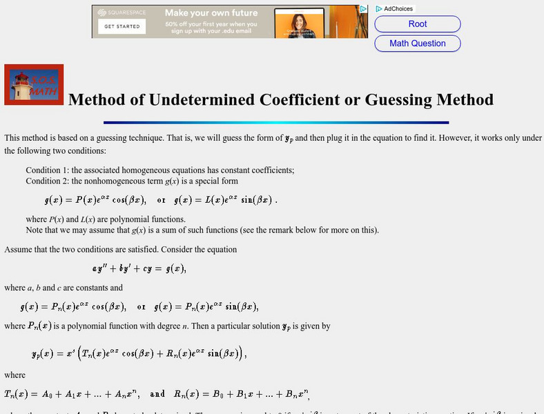 S.o.s. Math: Method of Undetermined Coefficient /Guessing Activity