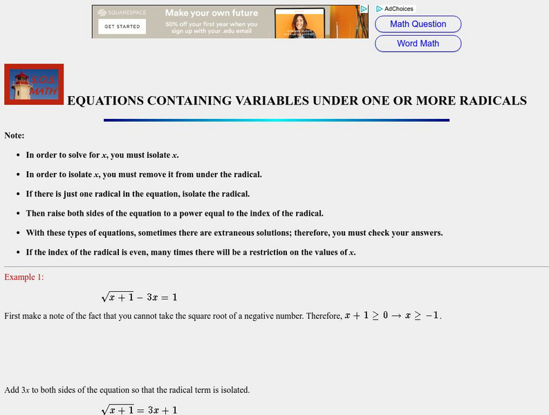 S.o.s. Math: Equations With Variables Under Radicals Activity S.o.s. Math: Equations With Variables Under Radicals Activity