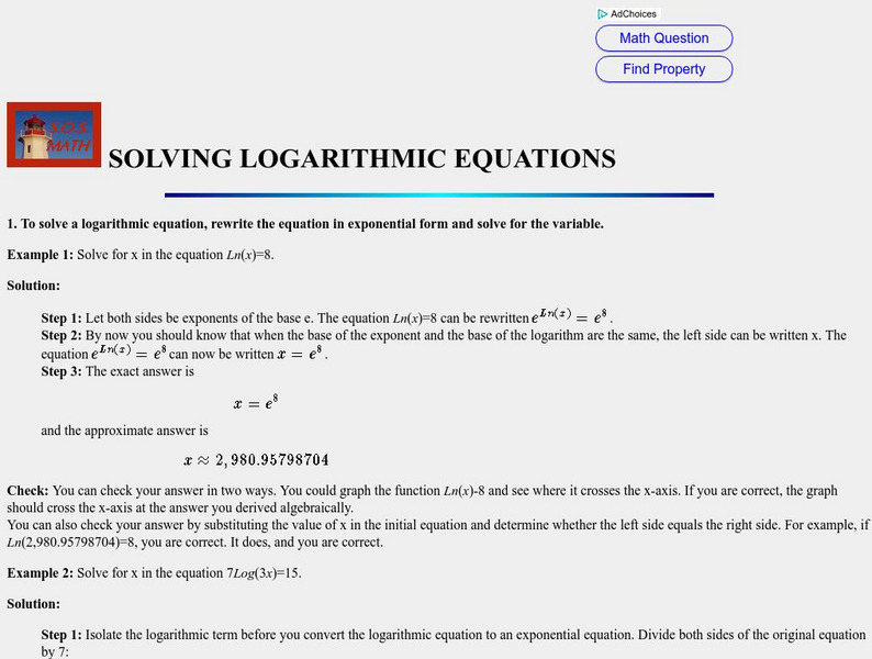 S.o.s. Math: Solving Logarithmic Equations Activity S.o.s. Math: Solving Logarithmic Equations Activity