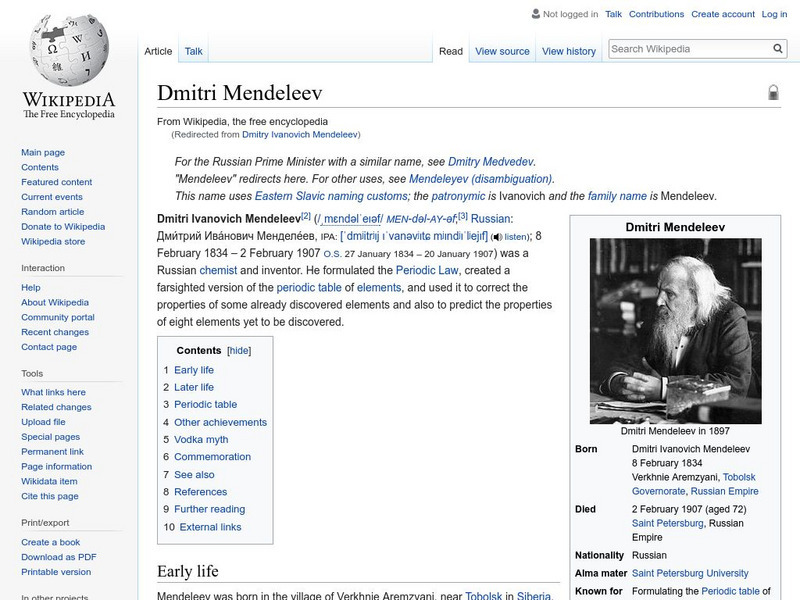 Wikipedia: Dmitri Mendeleev Handout Wikipedia: Dmitri Mendeleev Handout