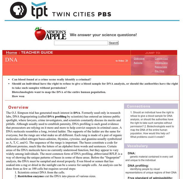 Newton's Apple: Dna Fingerprinting Activity Newton's Apple: Dna Fingerprinting Activity