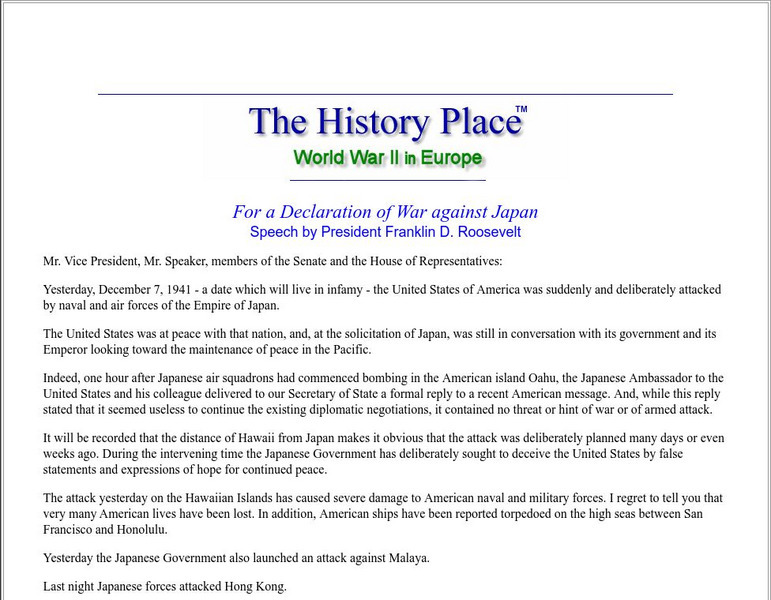 The History Place: For a Declaration of War Against Japan Primary The History Place: For a Declaration of War Against Japan Primary