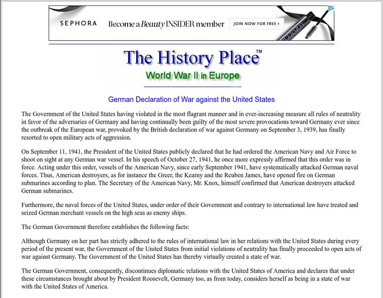 The History Place: German Declaration of War Primary