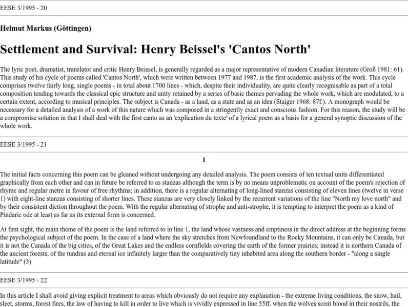 Settlement and Survival: Henry Beissel's 'Cantos North' Article Settlement and Survival: Henry Beissel's 'Cantos North' Article