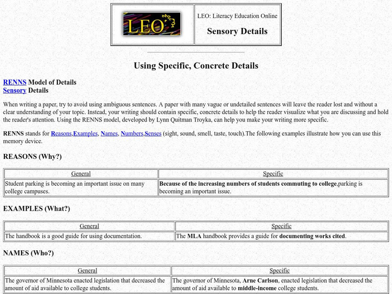 Literacy Education Online: Sensory Details Handout Literacy Education Online: Sensory Details Handout