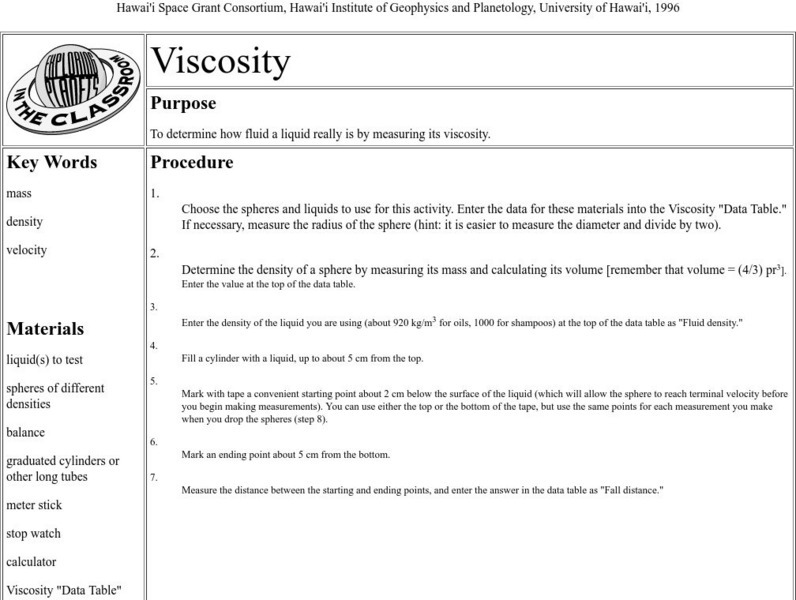 The Hawai`i Space Grant Consortium: Viscosity Lab Activity The Hawai`i Space Grant Consortium: Viscosity Lab Activity