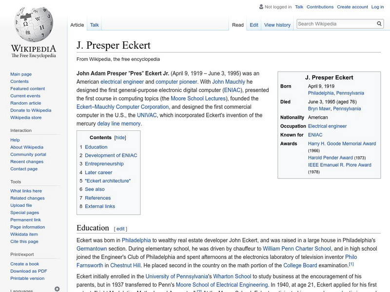 Wikipedia: J. Presper Eckert Handout Wikipedia: J. Presper Eckert Handout