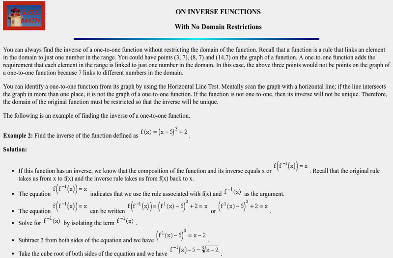 S.o.s. Math: Inverse Functions, No Domain Restrictions Activity S.o.s. Math: Inverse Functions, No Domain Restrictions Activity