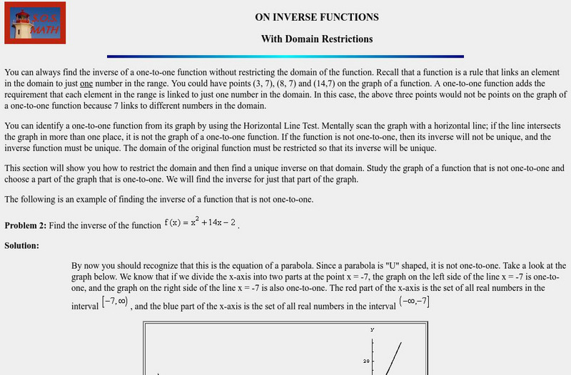 S.o.s. Math: Inverse Funtions, Domain Restrictions Activity S.o.s. Math: Inverse Funtions, Domain Restrictions Activity