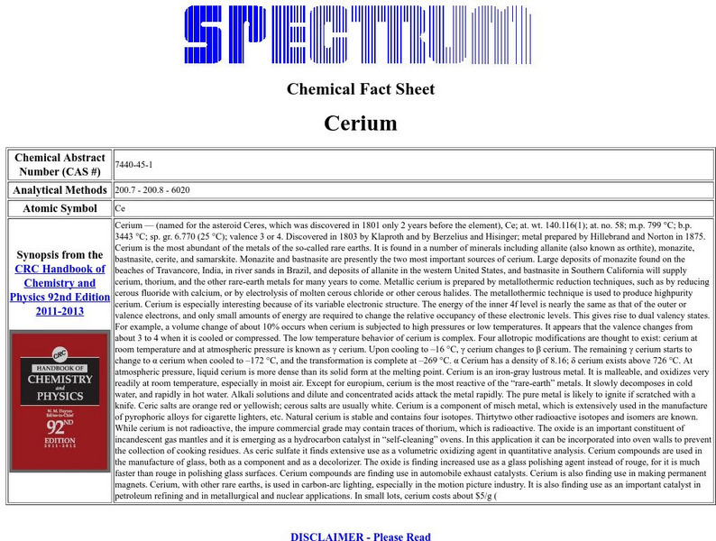 Florida Spectrum: Chemical Fact Sheet: Cerium Handout Florida Spectrum: Chemical Fact Sheet: Cerium Handout