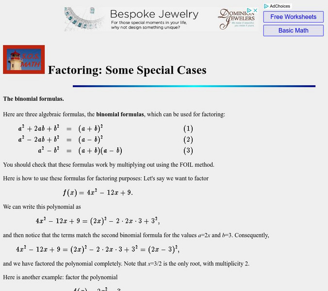 S.o.s. Math: Factoring: Some Special Cases Activity S.o.s. Math: Factoring: Some Special Cases Activity