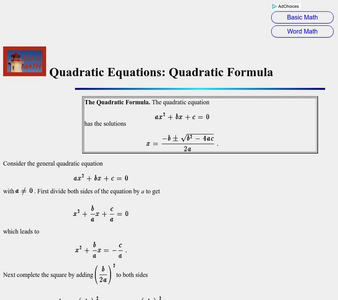 S.o.s. Math: Quadratic Equations Quadratic Formula Activity S.o.s. Math: Quadratic Equations Quadratic Formula Activity