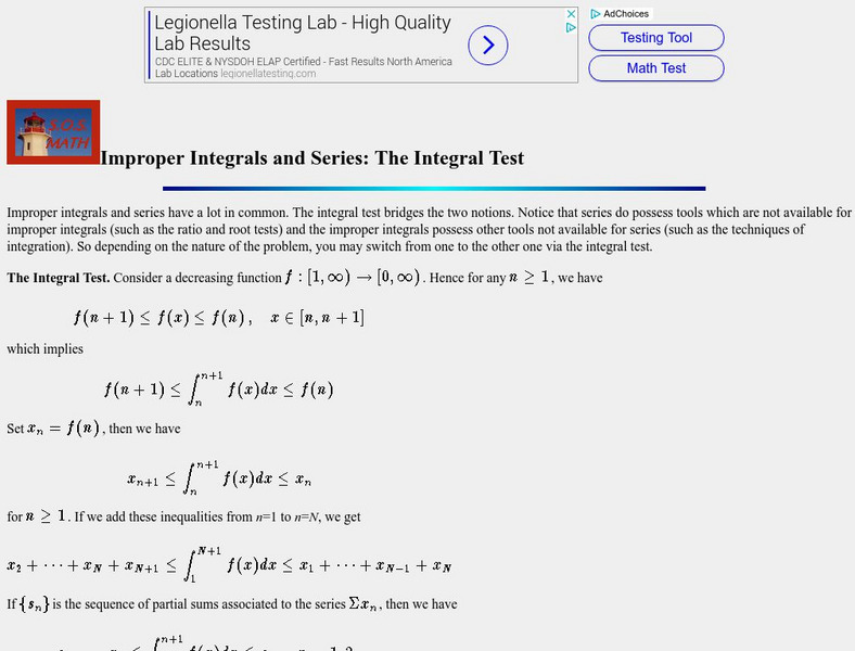 S.o.s. Math: Improper Integrals and Series: The Integral Test Handout S.o.s. Math: Improper Integrals and Series: The Integral Test Handout
