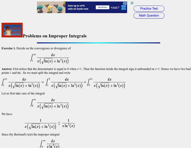 S.o.s. Math: Problems on Improper Integrals Handout S.o.s. Math: Problems on Improper Integrals Handout