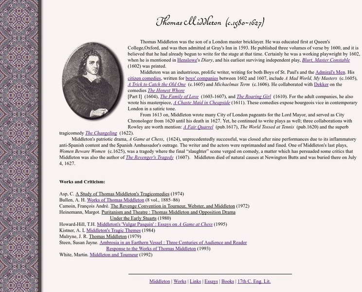 Luminarium: Thomas Middleton (C.1580 1627) Website