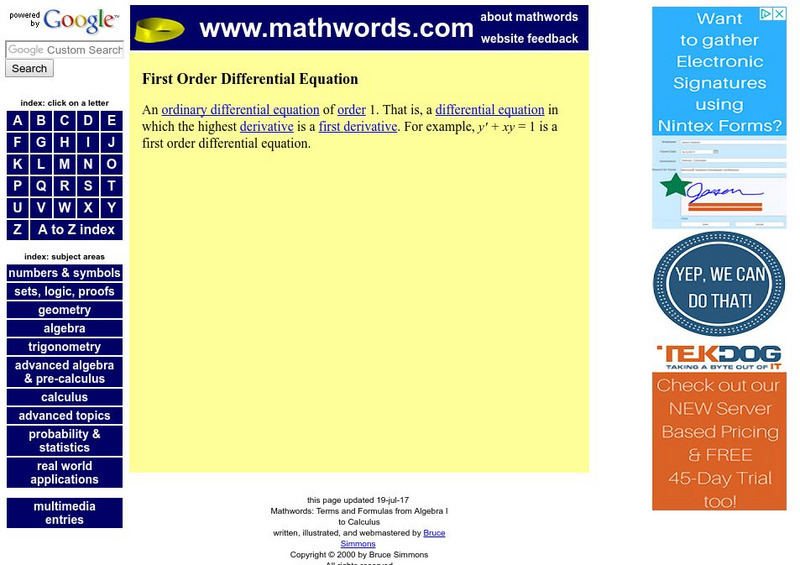 Math words.com: First Order Differential Equation Handout Math words.com: First Order Differential Equation Handout