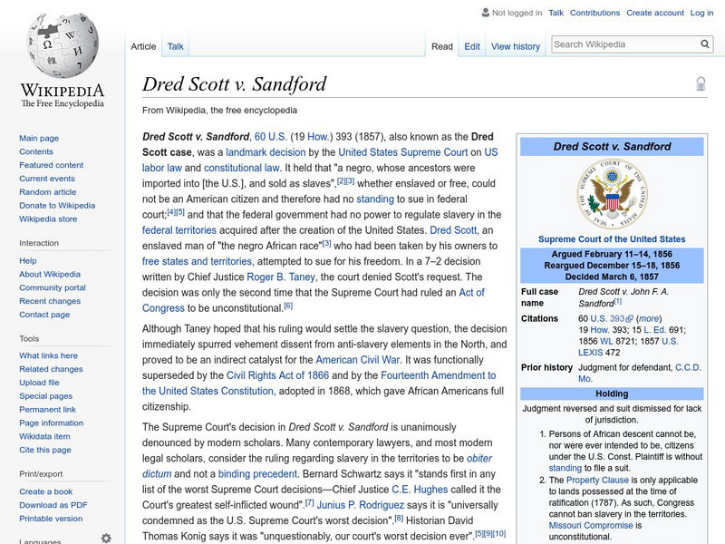 Wikipedia: Dred Scott v. Sandford Handout Wikipedia: Dred Scott v. Sandford Handout