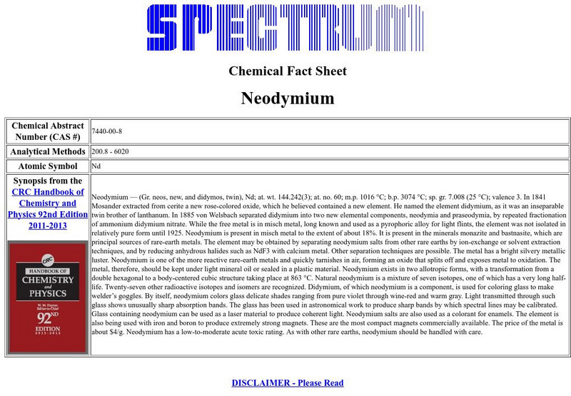 Florida Spectrum: Chemical Fact Sheet: Chemical Fact Sheet: Neodymium Handout Florida Spectrum: Chemical Fact Sheet: Chemical Fact Sheet: Neodymium Handout